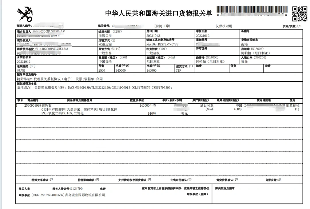 One-Stop Door-to-Door Lithium Spodumene Import Customs Clearance Process: